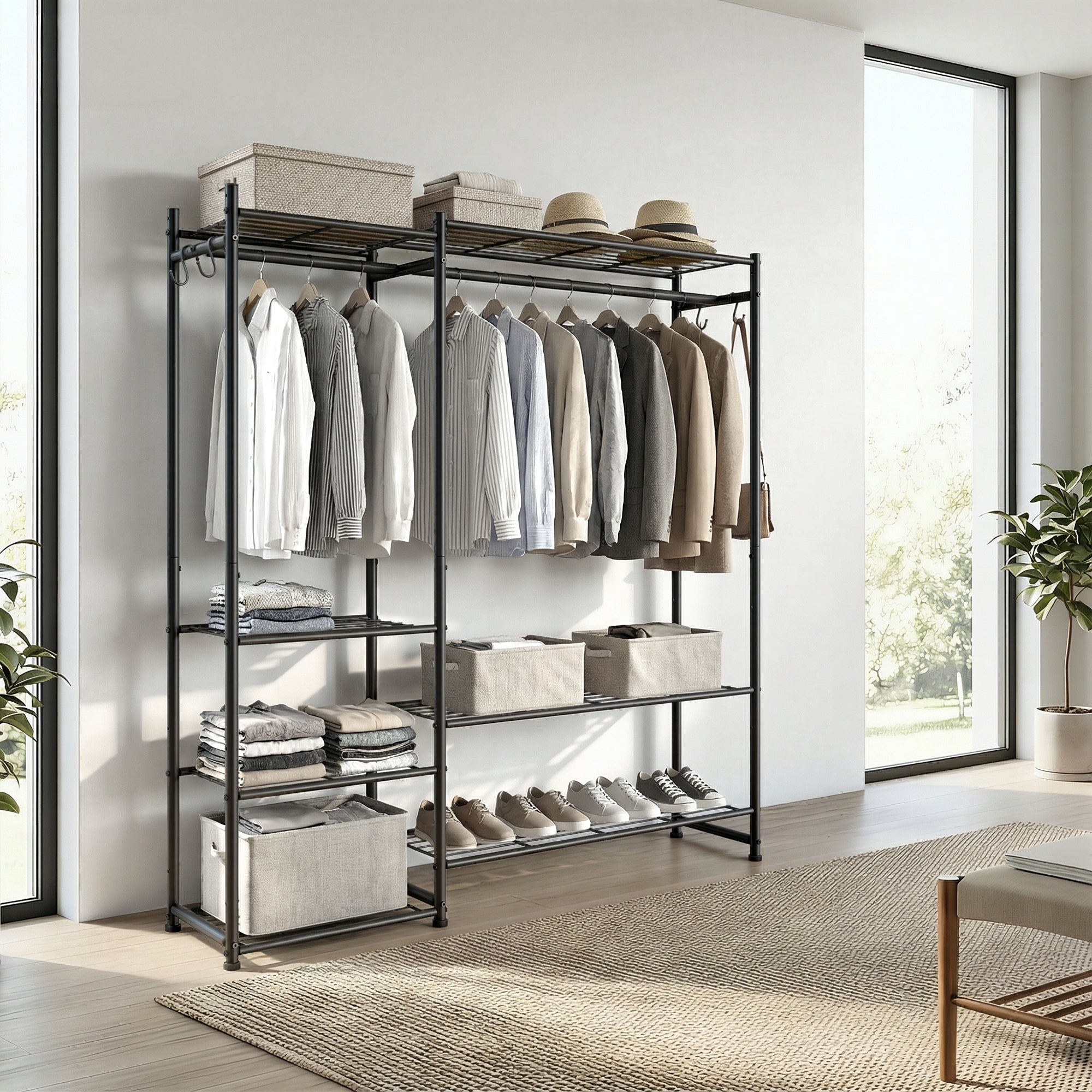 Portemanteau Métallique Ouvert, Armoire avec 2 Tringles et 7 Étagères, pour Chambre, Entrée, Noir - 3