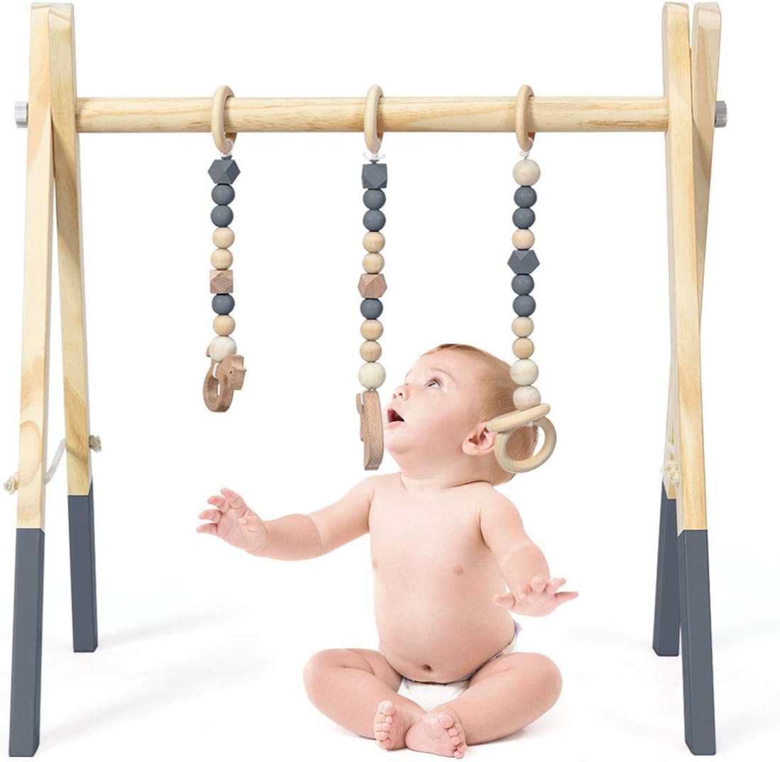 Składany Drewniany Łuk Edukacyjny, z 3 Pierścieniami do Ciągnięcia, Łuk Edukacyjny dla Dzieci Powyżej 3 Miesięcy, bez BPA, 60 x 44 x 60 cm (Szary)