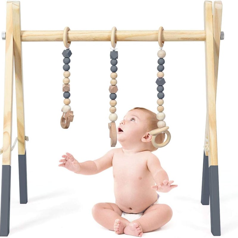 Składany Drewniany Łuk Edukacyjny, z 3 Pierścieniami do Ciągnięcia, Łuk Edukacyjny dla Dzieci Powyżej 3 Miesięcy, bez BPA, 60 x 44 x 60 cm (Szary)