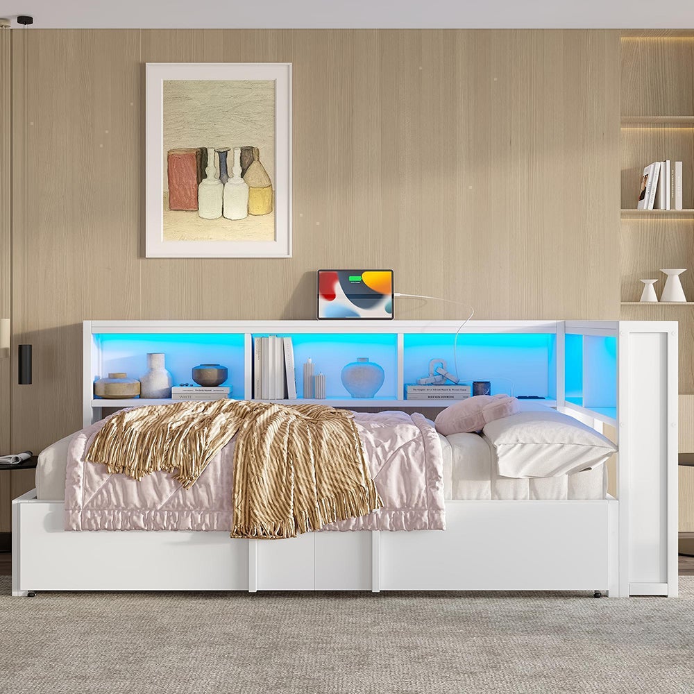 Rozkładana sofa 90 x 200 cm, z wysuwanym łóżkiem, schowkiem, oświetleniem LED i portami USB, biała
