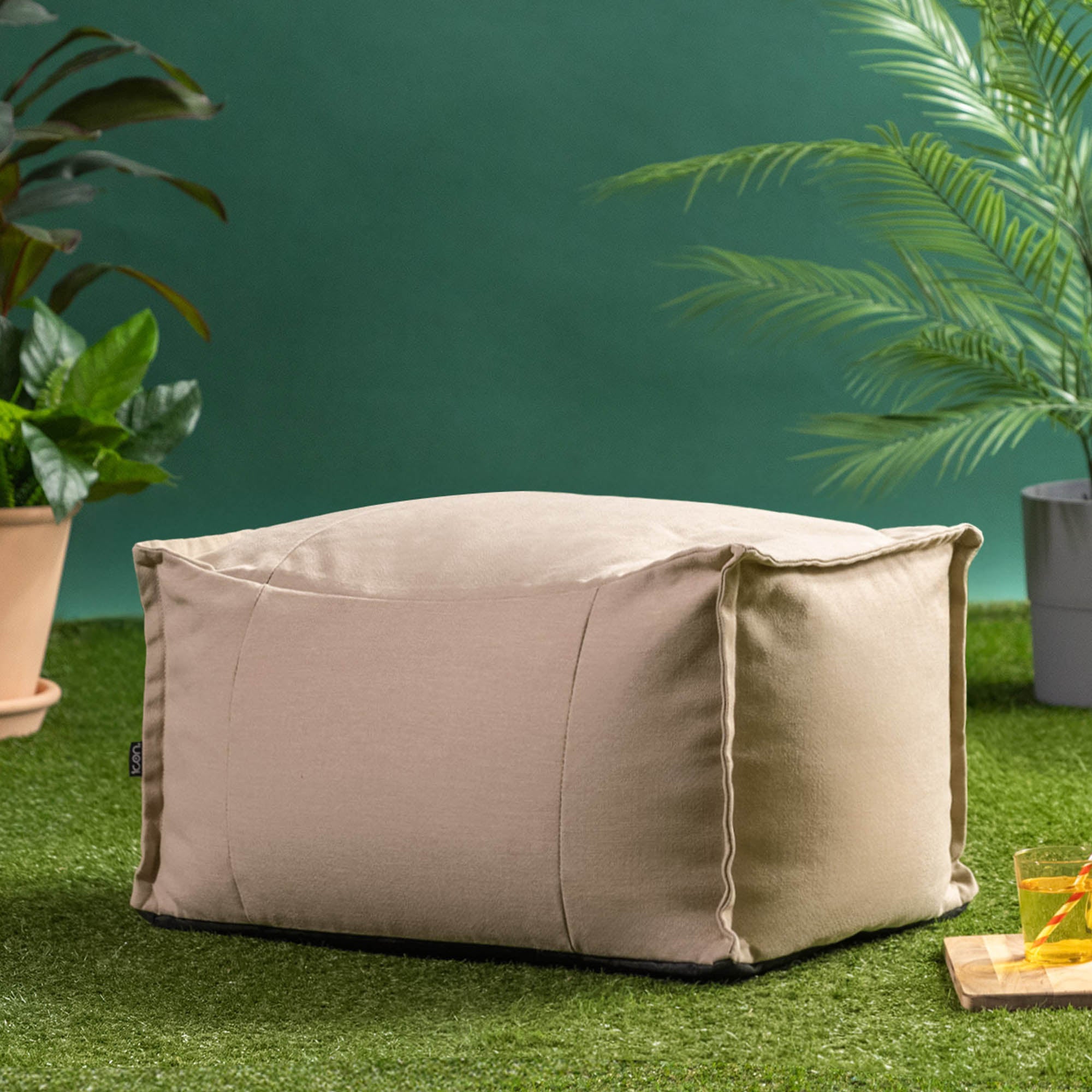 Pouf repose-pieds Icon d'extérieur en oléfine Oeko-Tex® imperméable beige, 34x45cm, Made in Allemagne - 3