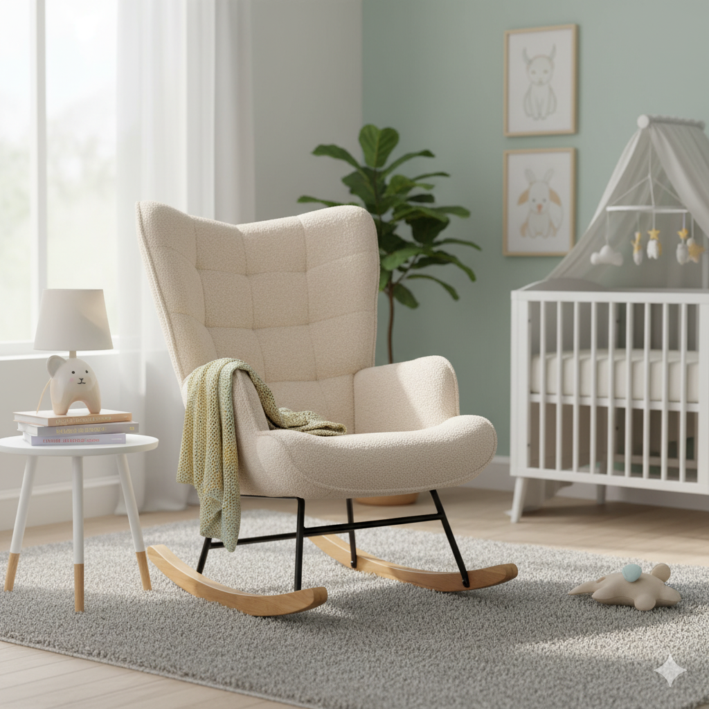 Fauteuil à Bascule - Scandinave - Dossier Capitonnée en carré - Balancelle Relaxante - 68x75x92cm - Velours Teddy Beige - 3