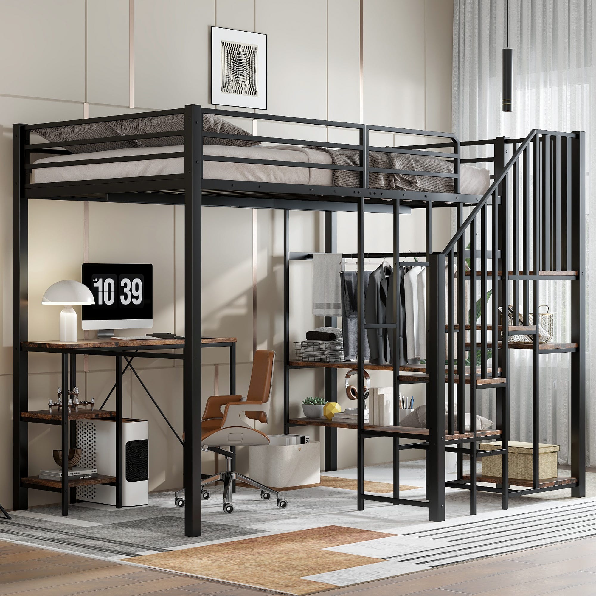 Letto A Soppalco FetiNes In Metallo - 90x200 Cm, Con Scrivania E Librerie, Nero - Foto 10