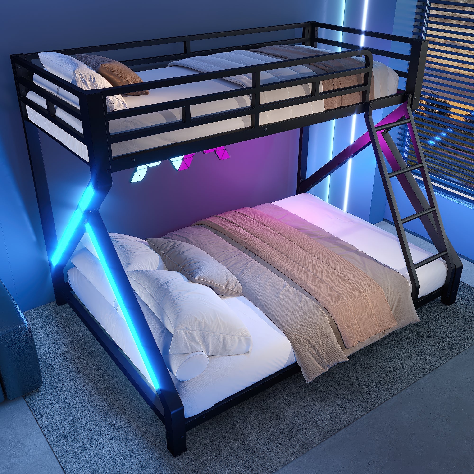 Lit superposé évolutif 90x200 / 140x200 avec LED et sécurité renforcée - Structure métal, garde-corps et échelle - Noir (sans matelas) - 2
