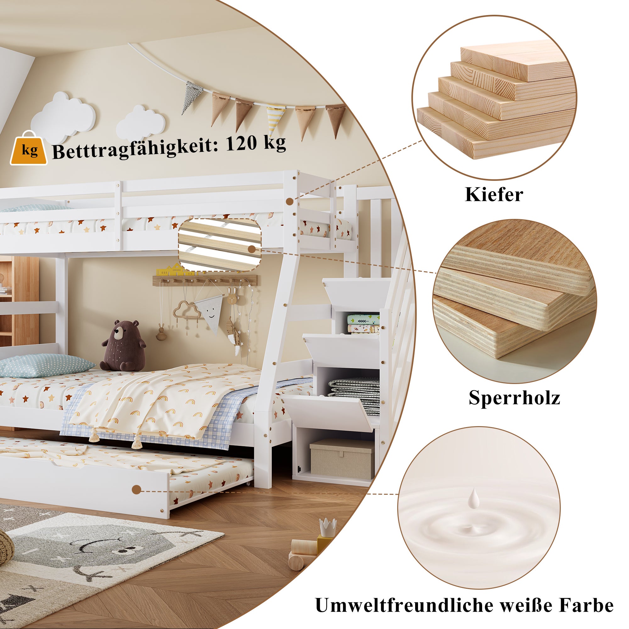 Letto a castello 90/120x200CM con letto estraibile, letto per bambini con scaletta, armadio e corrimano, bianco - 5