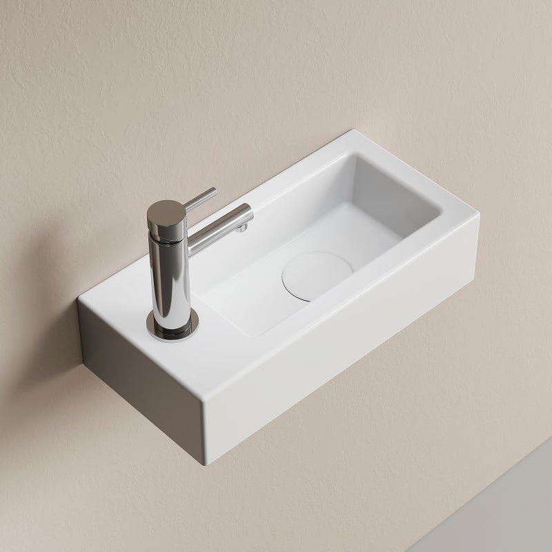 EMKE Umywalka ceramiczna 36,5x18x9 cm, Umywalka ścienna Compacto, otwór na baterię po lewej stronie, brylantowa biel
