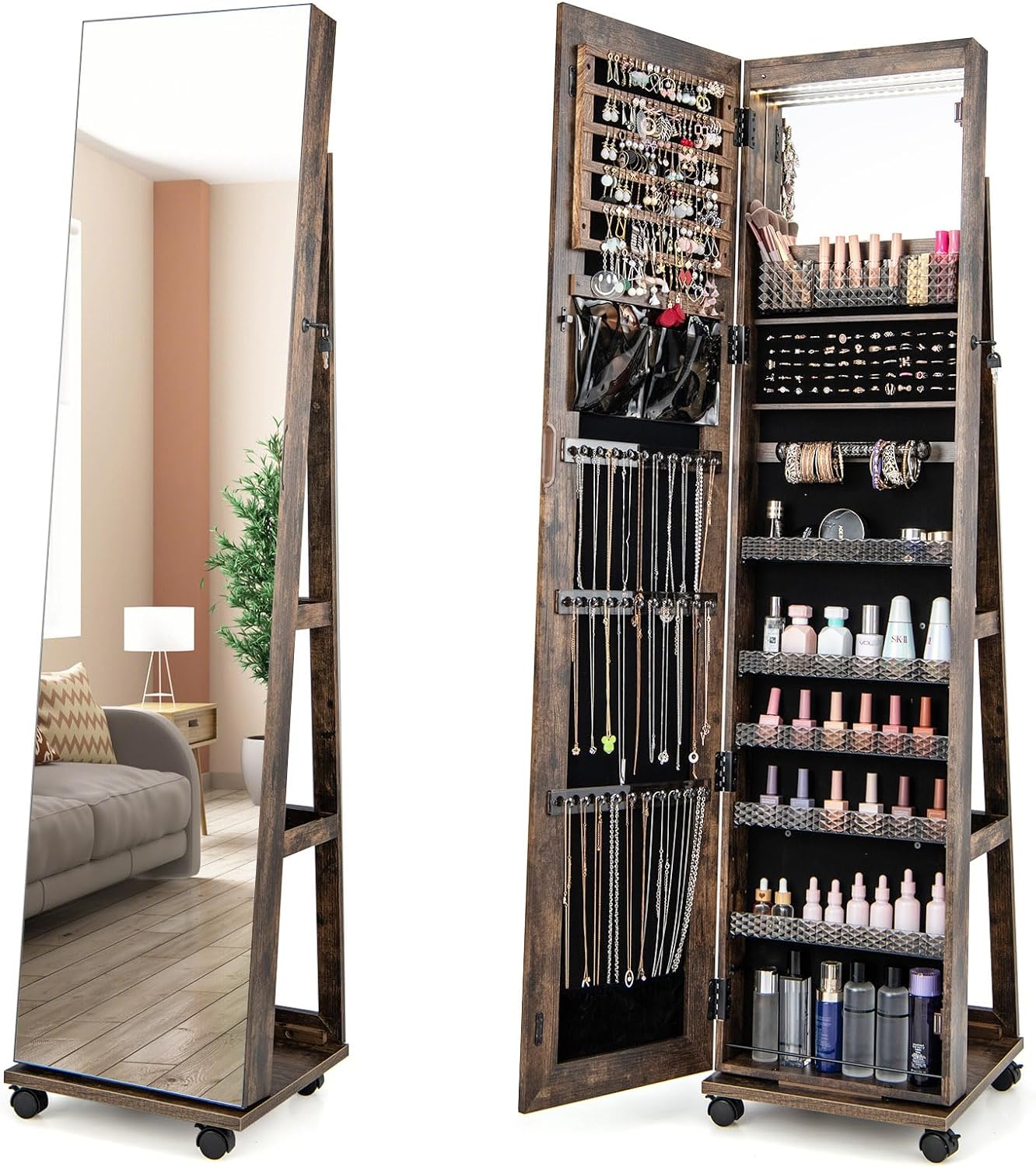 Mueble Joyas Con Ruedas Armario Joyero Con Espejo De Cuerpo Entero Y Luces  LED - Organizador Con Ruedas Y Cerradura, Ángulo Ajustable Mueble Joyas  157cm, image size:1332x1500