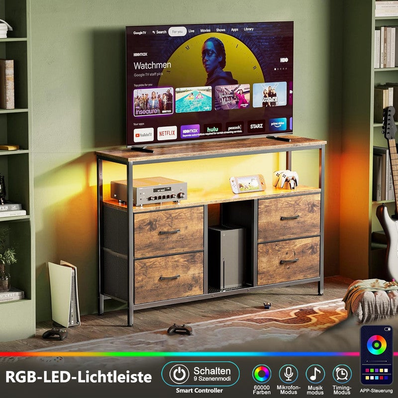 Meuble TV, 108x30x78cm, avec bande lumineuse LED et 4 tiroirs en tissu rétro, pieds réglables en hauteur, structure en fer, meuble tele - 5