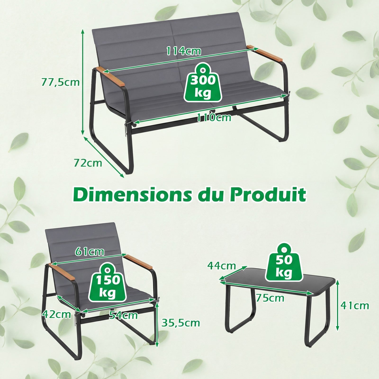 Conjunto de lounge para jardim exterior para 4 pessoas com almofadas amovíveis, conjunto de 4 peças com sofá de jardim, cadeiras e 1 mesa - 3