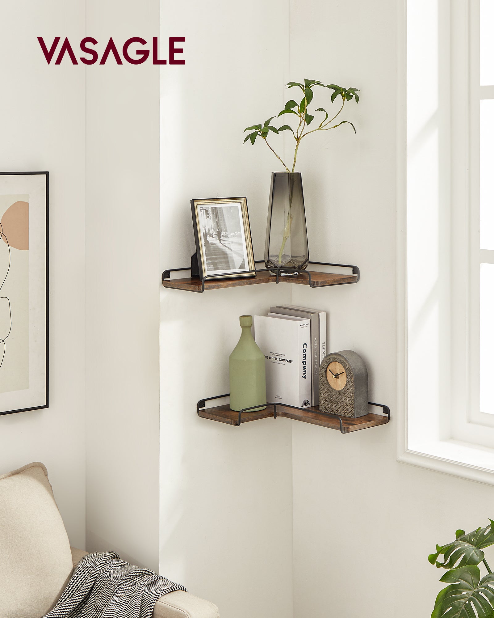 Étagère d’Angle en Forme de L, Lot de 2, Étagère Suspendue, Style Industriel, Marron Rustique et Noir - 2