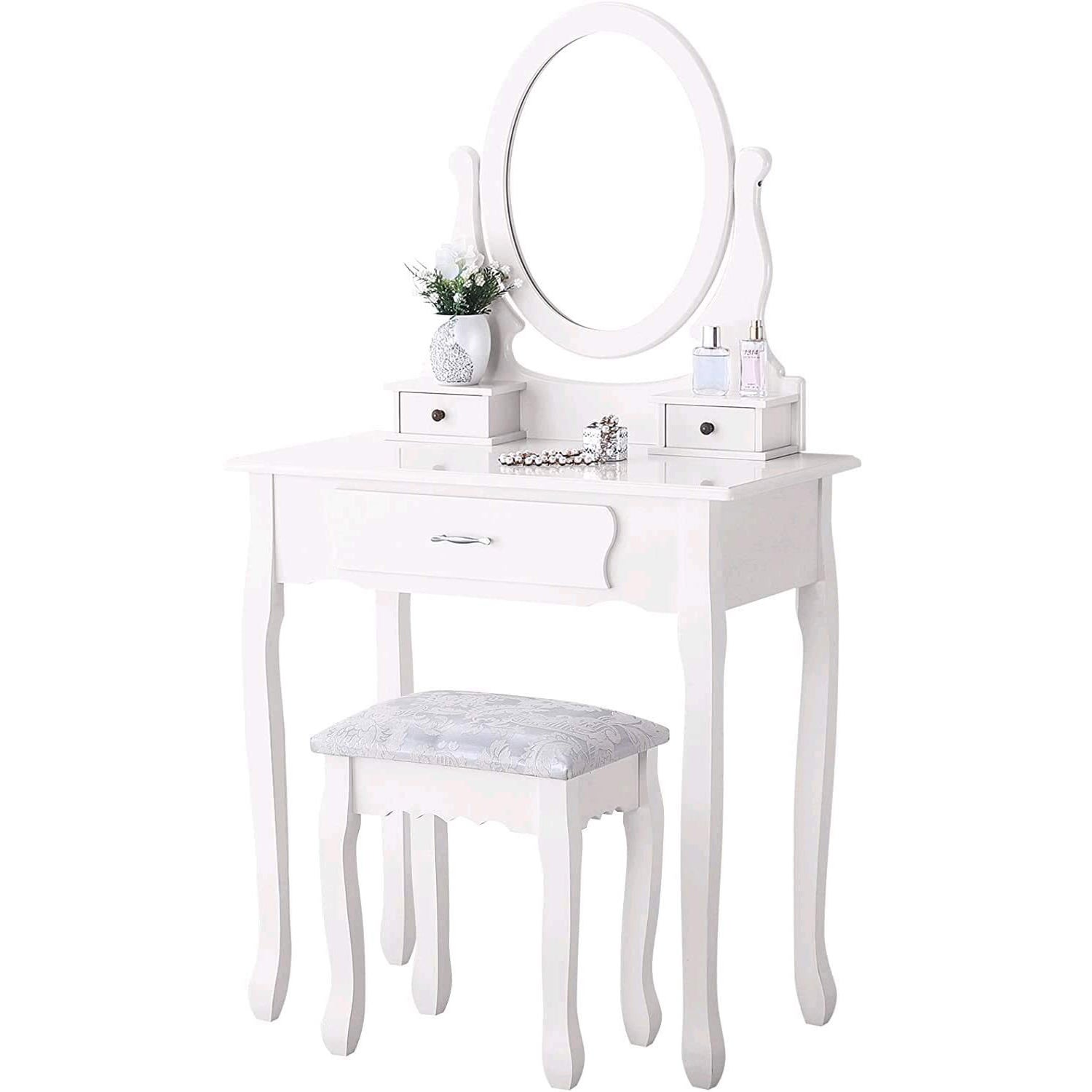Coiffeuse Blanche avec Miroir Pivotant 360°, Table de Maquillage 3 Tiroirs et Tabouret Rembourré, Bureau 2-en-1 Chambre, 75x40x136cm - 9
