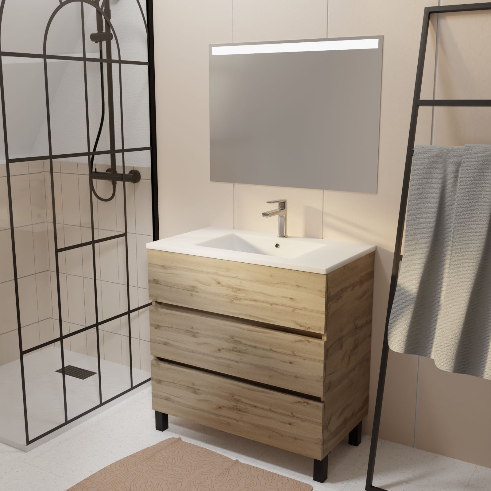 Pack Meuble SDB 80cm sur pieds 3 tiroirs Chene_Vasque blanche + Miroir Led - TIMBER 80_Pack46 - 8