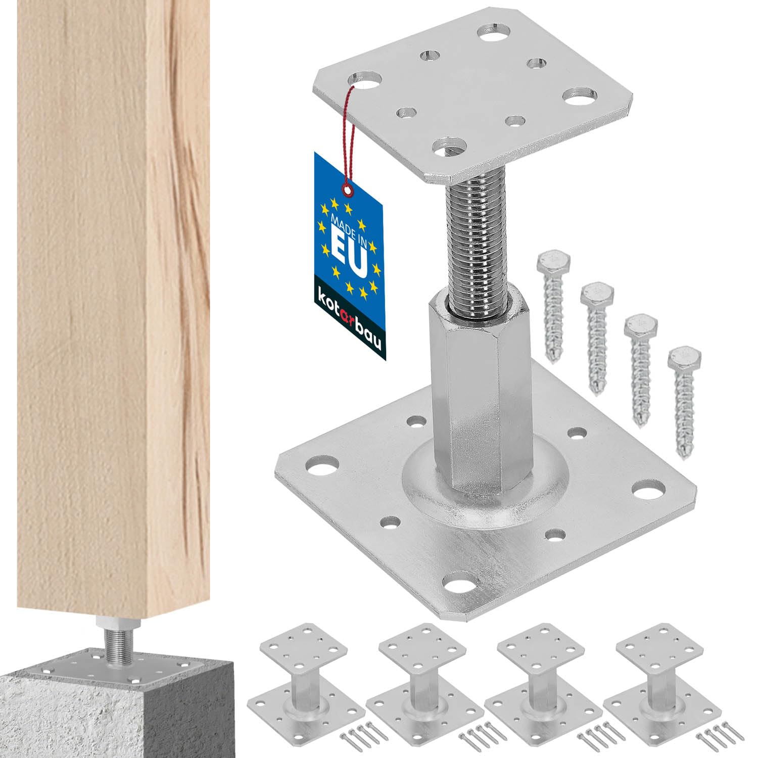 Zestaw 4x podstawa słupa regulowana kotwa pręt wspornik 110x80 mm w pionie - KOTARBAU