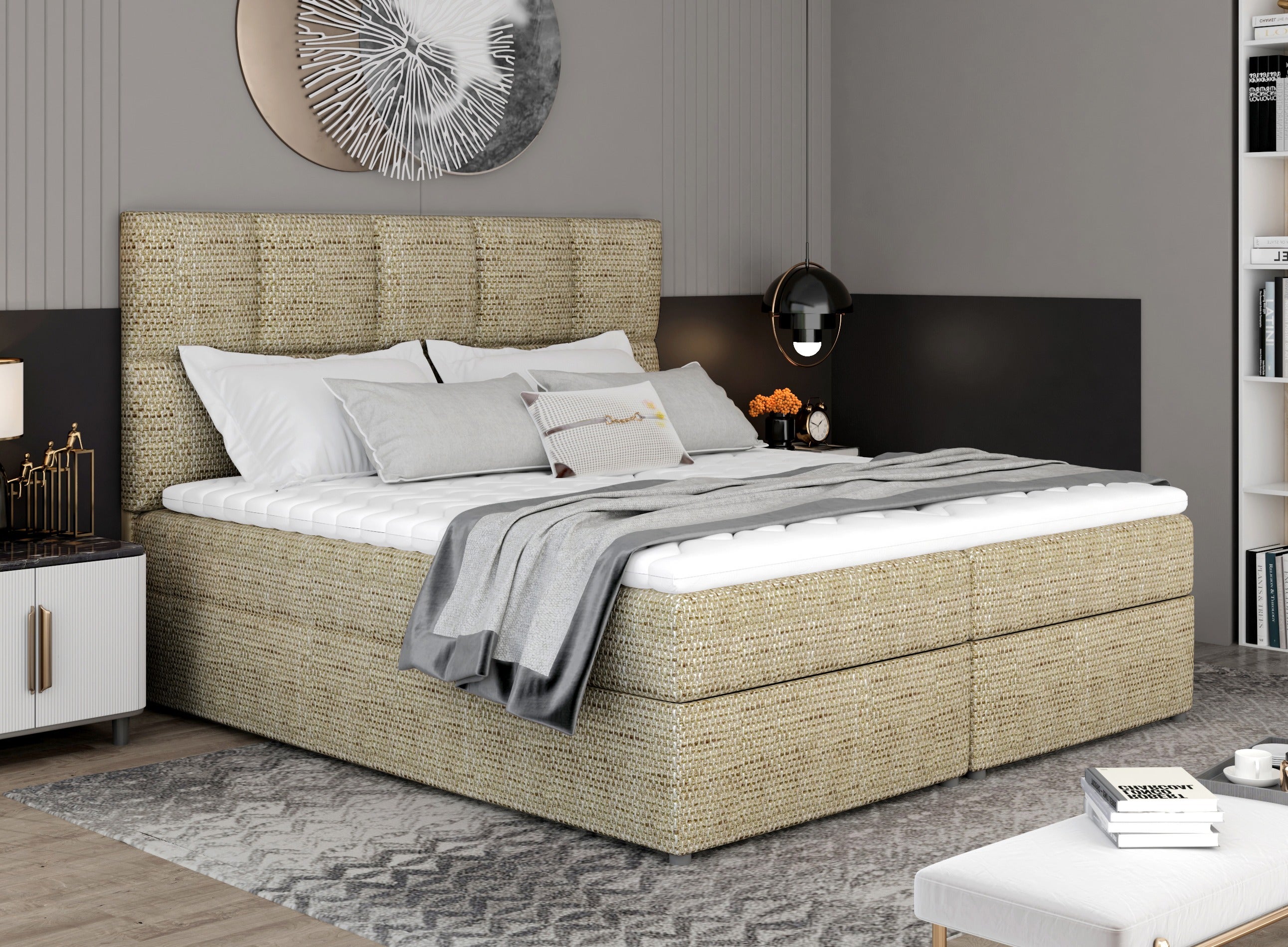 Lit boxspring tissu beige chiné avec matelas et surmatelas Lizen ...