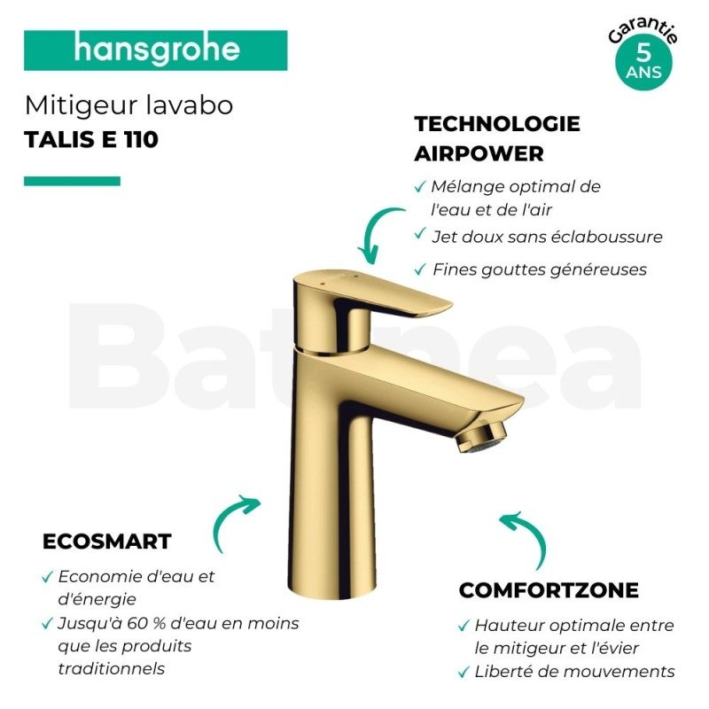 hansgrohe Talis E misturadora monocomando de lavatório 110, desperdício de água, projeção de 112 mm, 71710990, Cor: Polished Gold Optic - 3