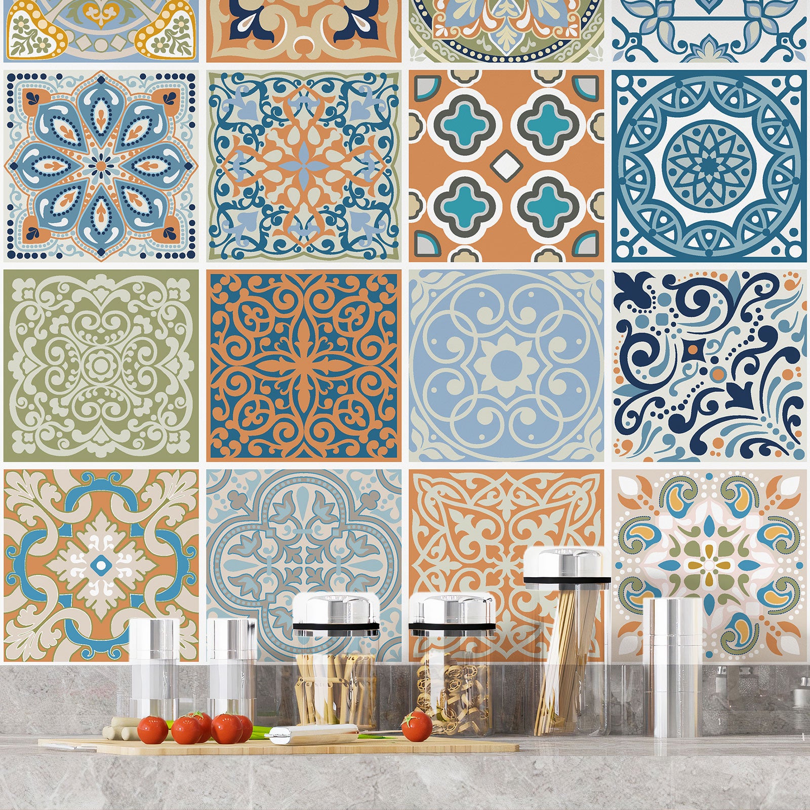 Crédence adhésive sticker décoratif pour cuisine - Effet carreaux de ciment - Adhésif BRILLANT - 60x60 cm - 4