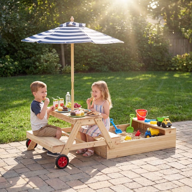 DREAMADE 3 en 1 Table de Pique-Nique Enfants avec Parasol Réglable, 2 Boîtes Détachable pour Jardin et Terrasse, 3-7 Ans, Naturel - Jardin DREAMADE 3 en 1 Table de Pique-Nique Enfants avec Parasol Réglable, 2 Boîtes Détachable pour Jardin et Terrasse, 3-7 Ans, Naturel - Jardin