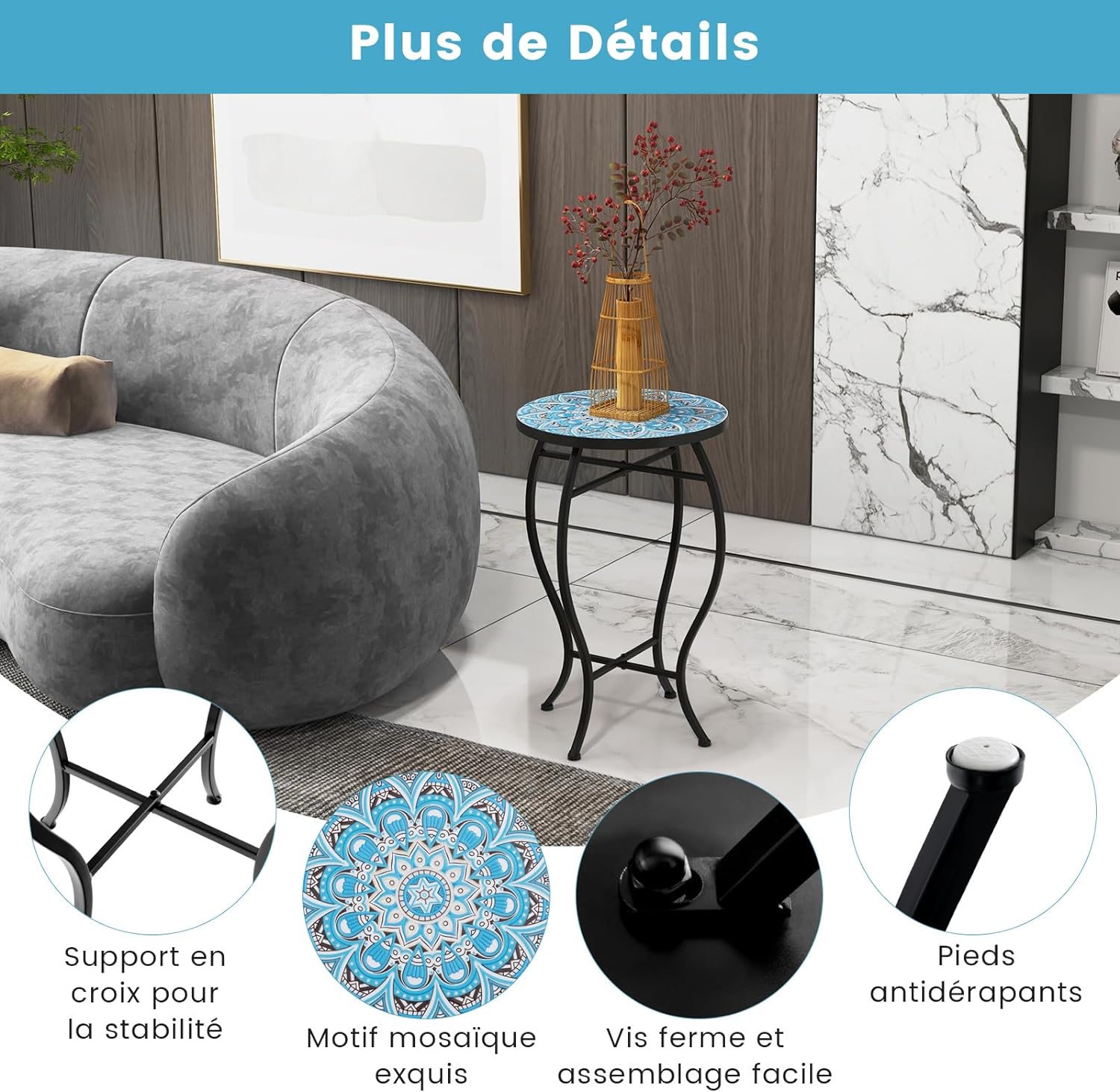 Table d’Appoint Exterieur Jardin en Mosaïque, Table Bistro Ronde en Carreaux , Table Basse (Bleu) - 4