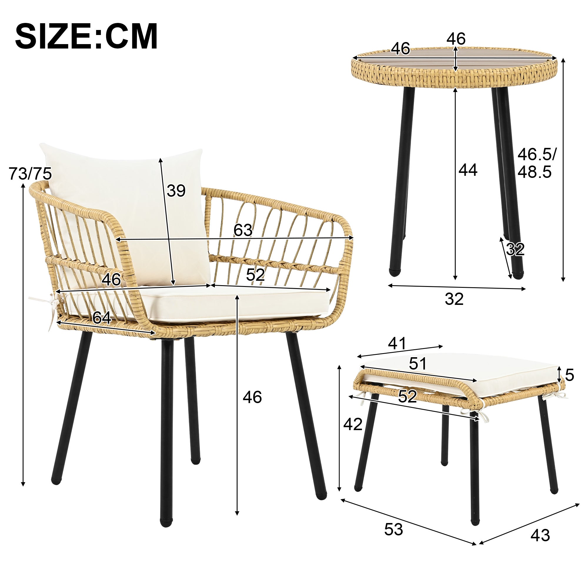 Ensemble Lounge de Jardin 5 Pièces, Composé d‘1 Table à Manger, 2 Chaises, 2 Tabourets, Mobilier en Rotin, Naturel - 4