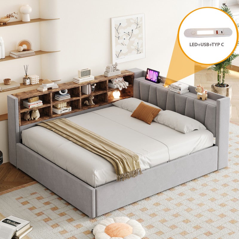 Tapicerowana sofa rozkładana 140 x 200 cm - z oświetleniem LED - z portami ładowania USB + Type-C - jasnoszara (materac nie jest wliczony w cenę) - 6