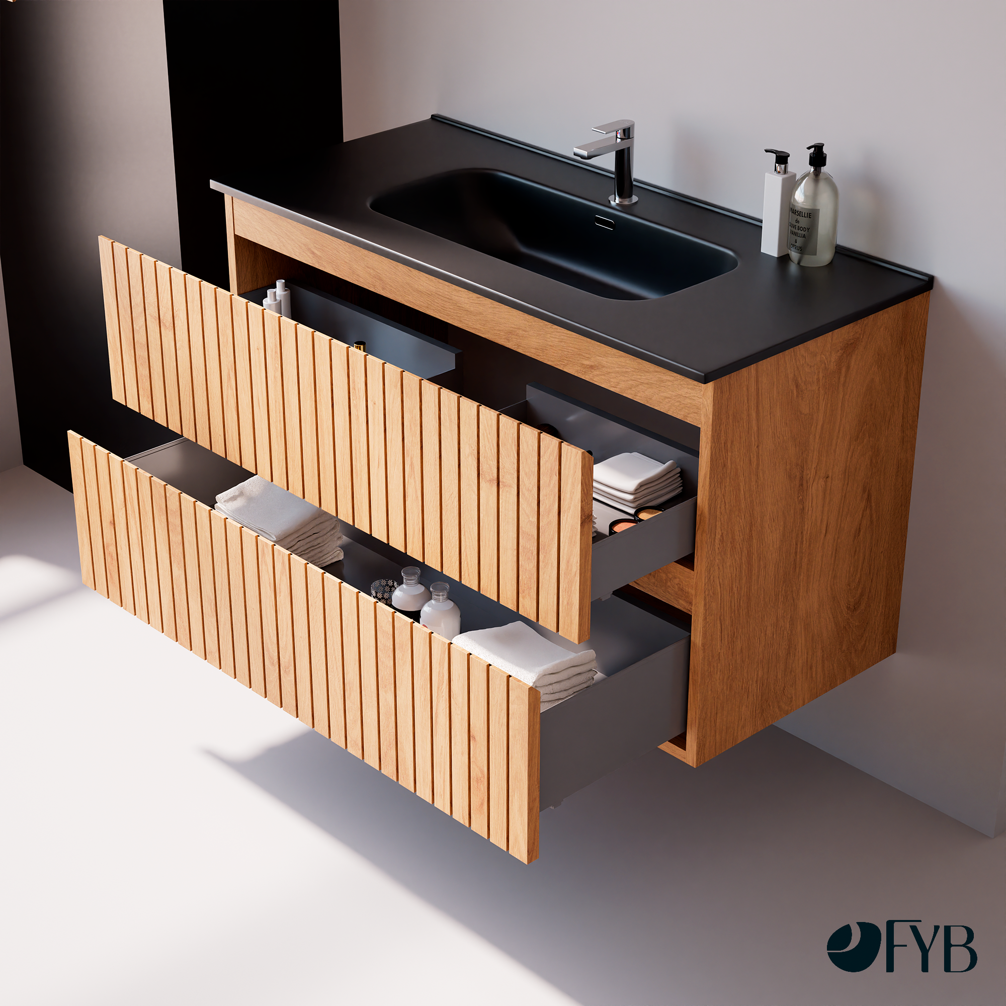 Feel Your Bath, Mueble Suspendido 60 cm, Color Roble Nórdico con 2 Cajones Soft Close y Encimera de Cerámica Negra Integrada – Serie TIGER - 2