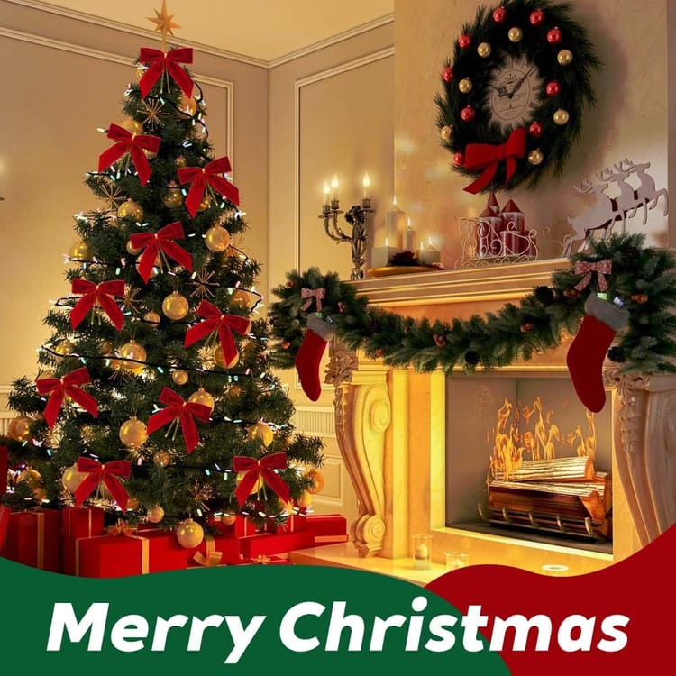 Lot de 24 décorations de Noël pour sapin et maison, nœuds en velours rouge et rubans dorés (rouge) - 4