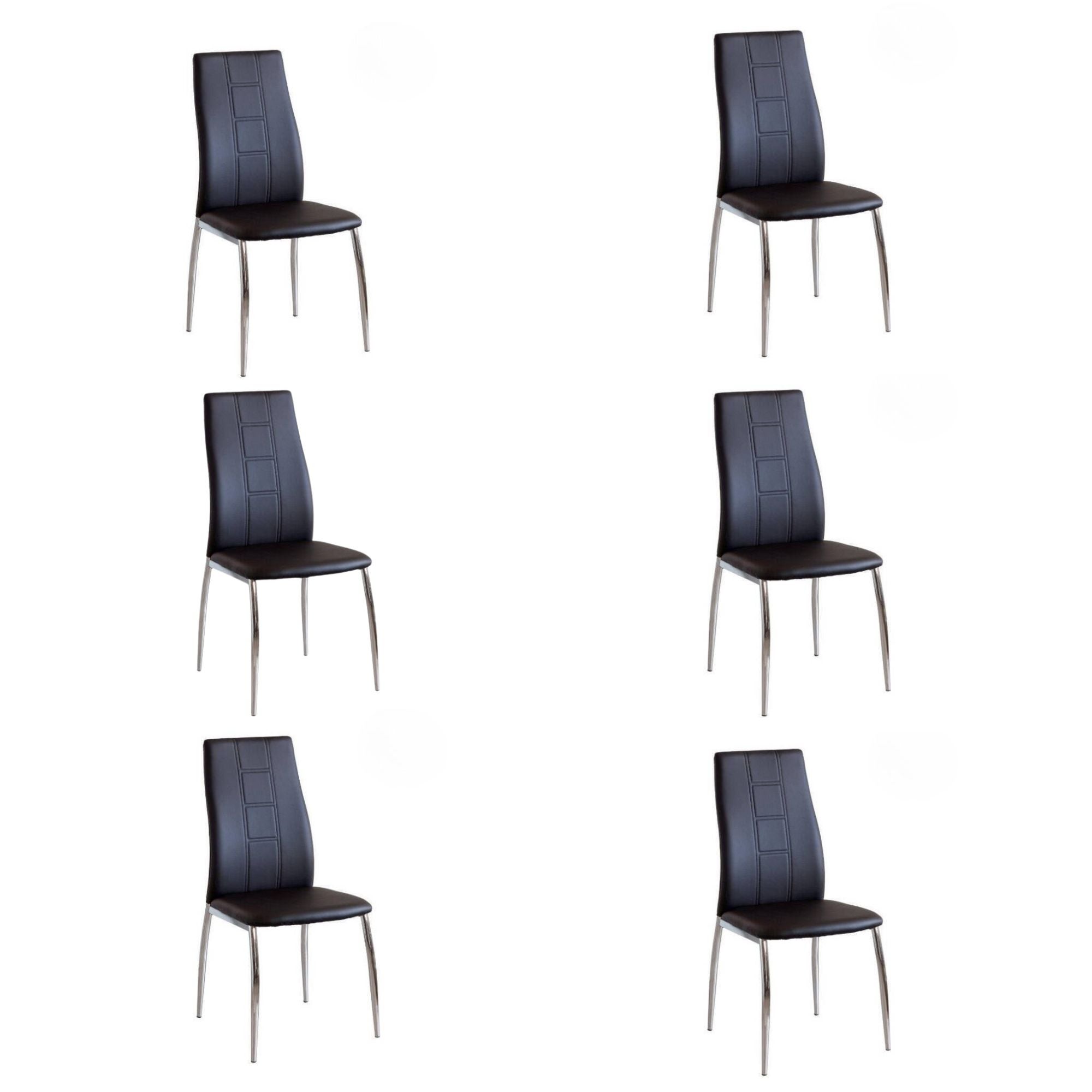 Pakiet 6 krzeseł tapicerowanych czarną tkaniną z chromowanymi metalowymi nogami, wzór z geometryczną ornamentą, wymiary 44x47x99 cm