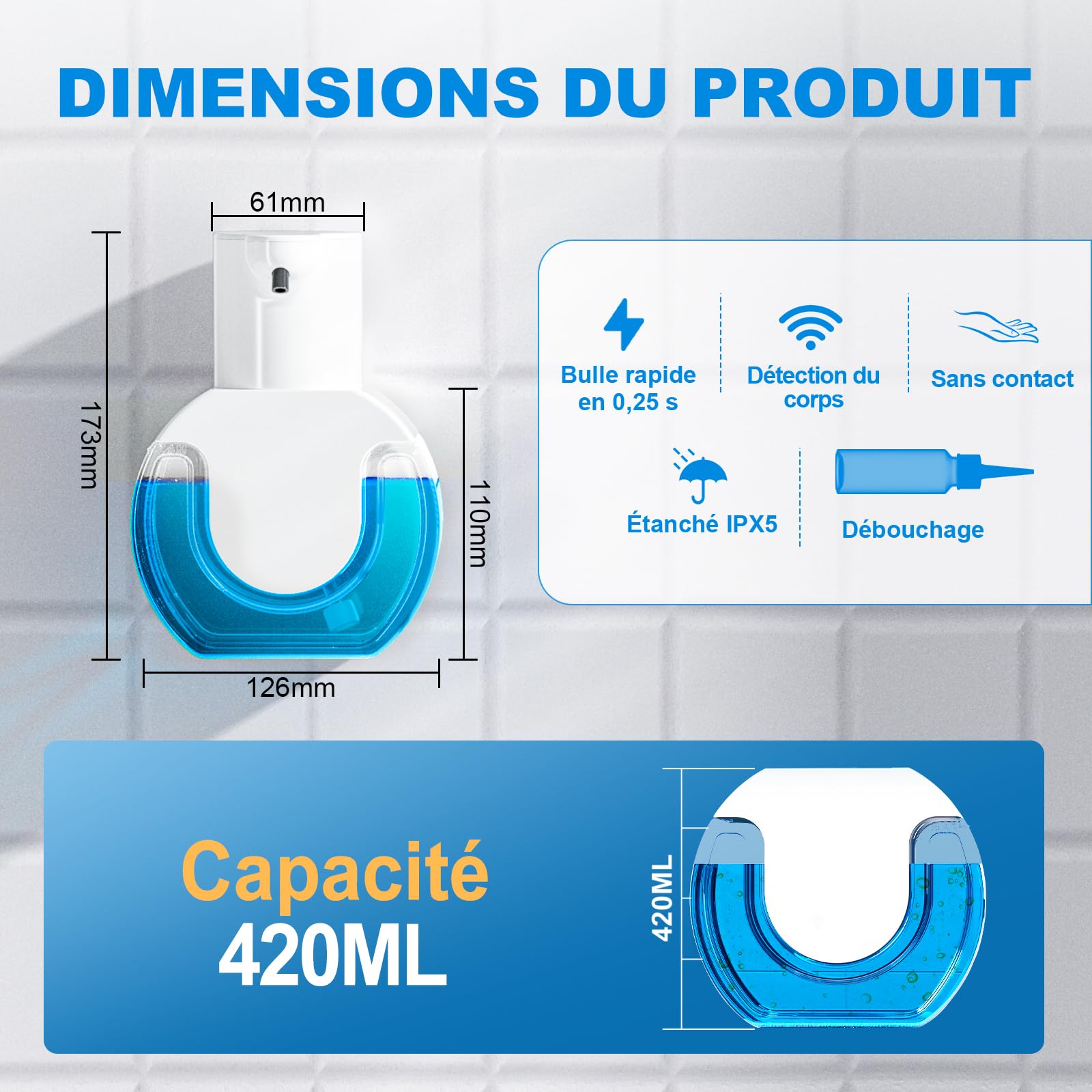420 ML Distributeur de Savon Automatique,IPX5 étanche sans Contact Distributeur Savon Mousse avec Capteur Infrarouge, Rechargeable par USB - 3