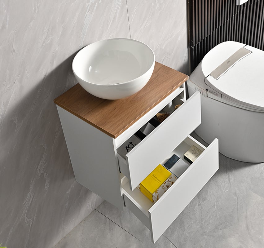 Conjunto Móvel de Casa de Banho profundidade reduzida 43x33x48 cm Branco e bancada de madeira com Lavatório de pousar - 2