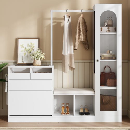 Ensemble Meuble à Chaussures + Banc + Garde-robe Avec Miroir - 2 Portes Et 2 Tiroirs 100x38x180cm Panneau De Particules Blanc Et Naturel Ensemble Meuble à Chaussures + Banc + Garde-robe Avec Miroir - 2 Portes Et 2 Tiroirs 100x38x180cm Panneau De Particules Blanc Et Naturel
