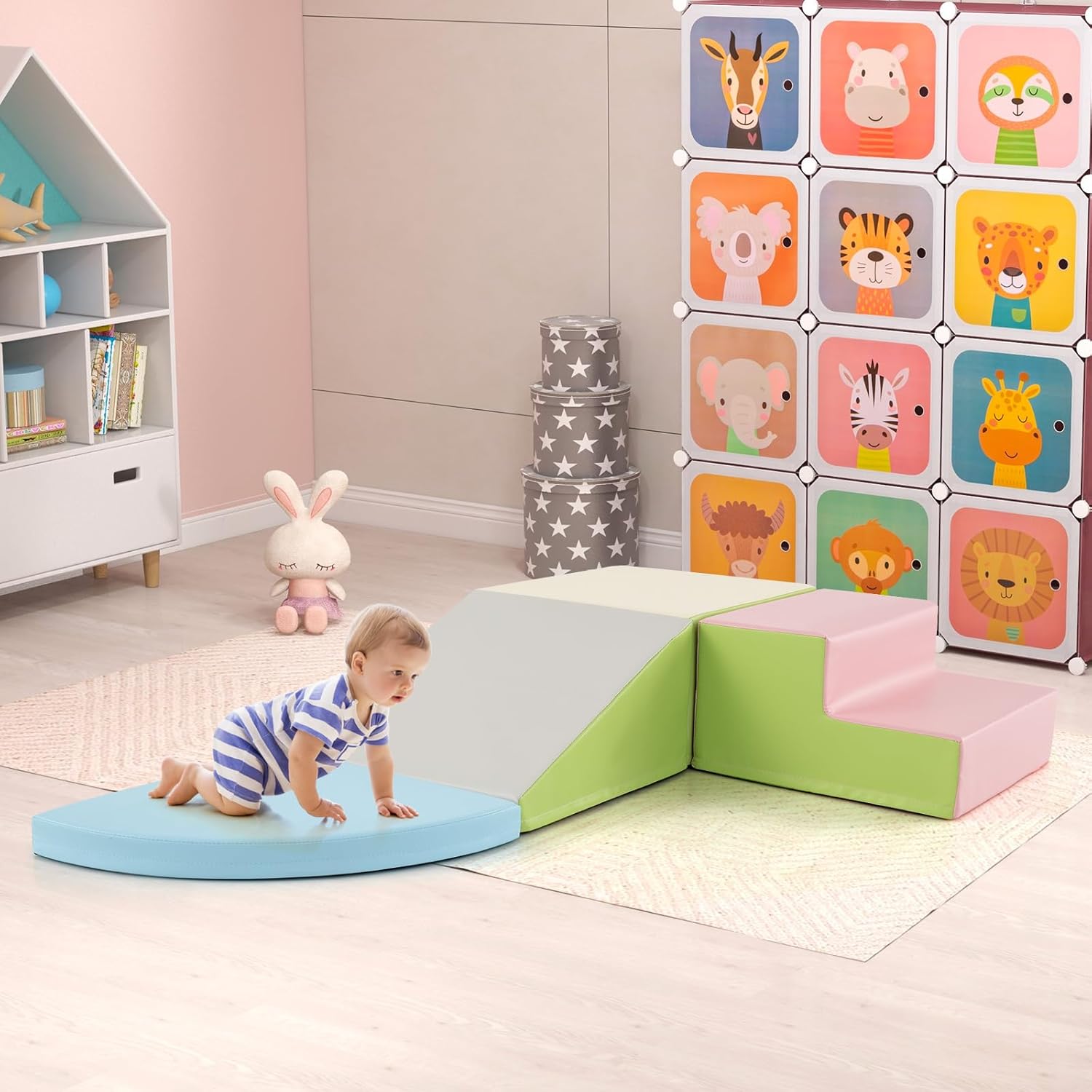 4 Pcs Parcours de Motricité Bébé, Mondule Moticité en Mousse EPE, Revêtement en Simili Cuir, pour Enfants 3 Ans+ ,pour Grimper, Ramper (Rose) - 2