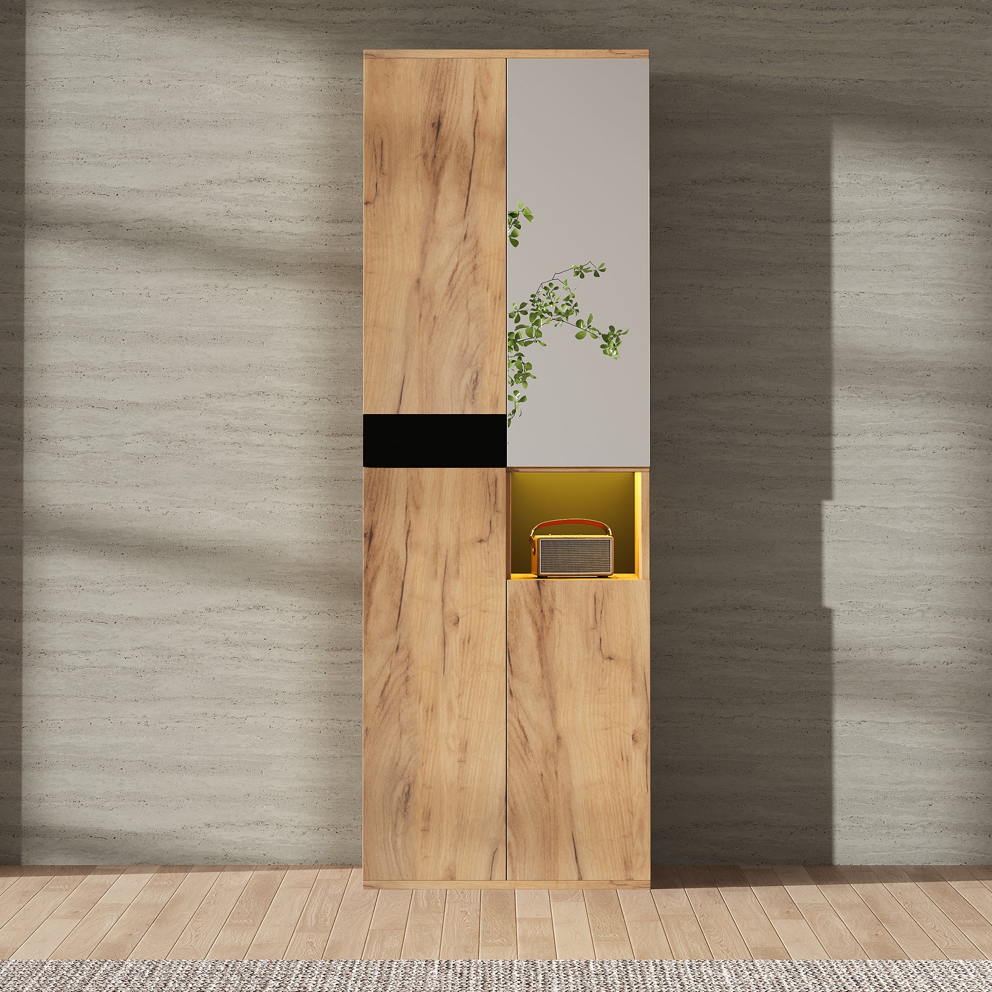 Kredens 65x35x190 cm - z 4 drzwiami i 1 lustrem - z 1 otwartą schowkiem - naturalny