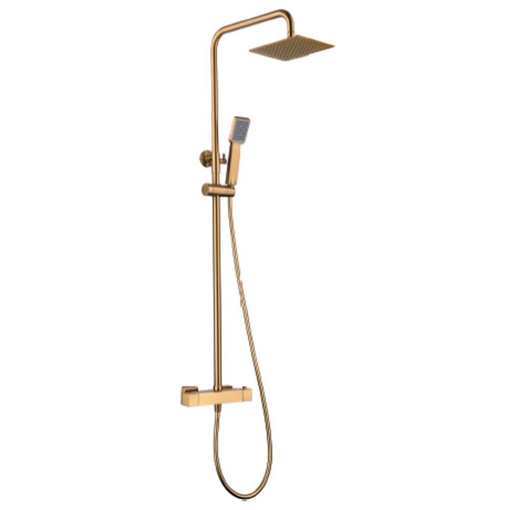 Colonne de Douche avec Mitigeur Thermostatique | Pommeau Carré en Acier Inox S.304 20x20 cm | Extraplat Anticalcaire Finition Or Brossé - 2