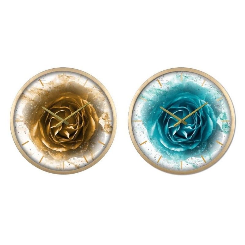 Reloj de pared dkd home decor cristal dorado turquesa hierro moderno (2 unidades) (40 x 6 x 40 cm)