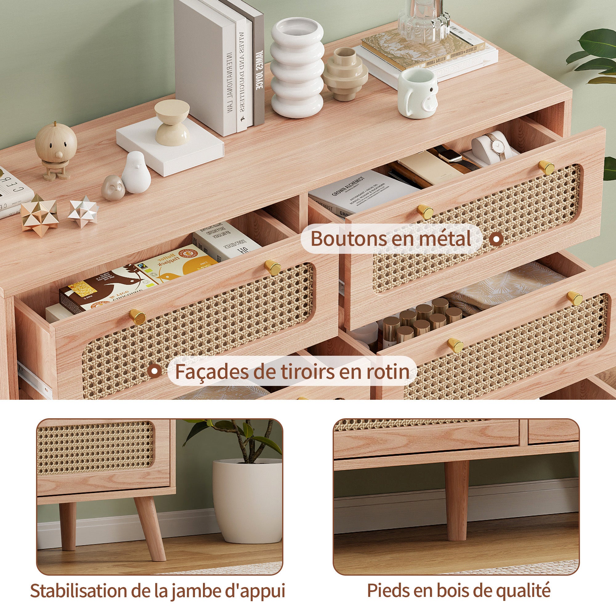 Commode à 6 tiroirs en rotin - 100x34x73cm - avec poignées en métal - pour chambres, salons, bureaux - Couleur bois - 5