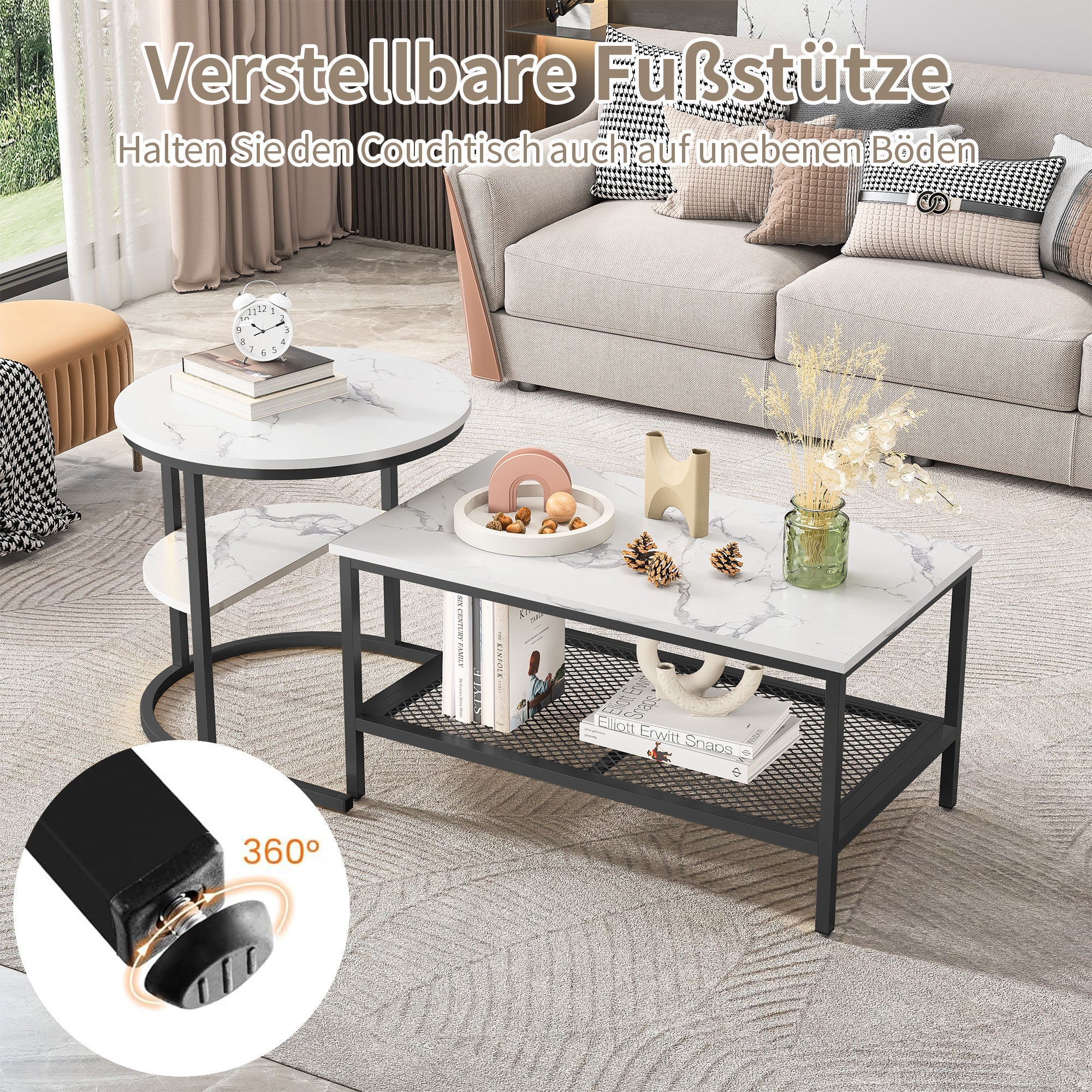 Table basse, 2 pièces, plateau plaqué marbre, design divisé, avec étagères de rangement, table d'appoint - 6