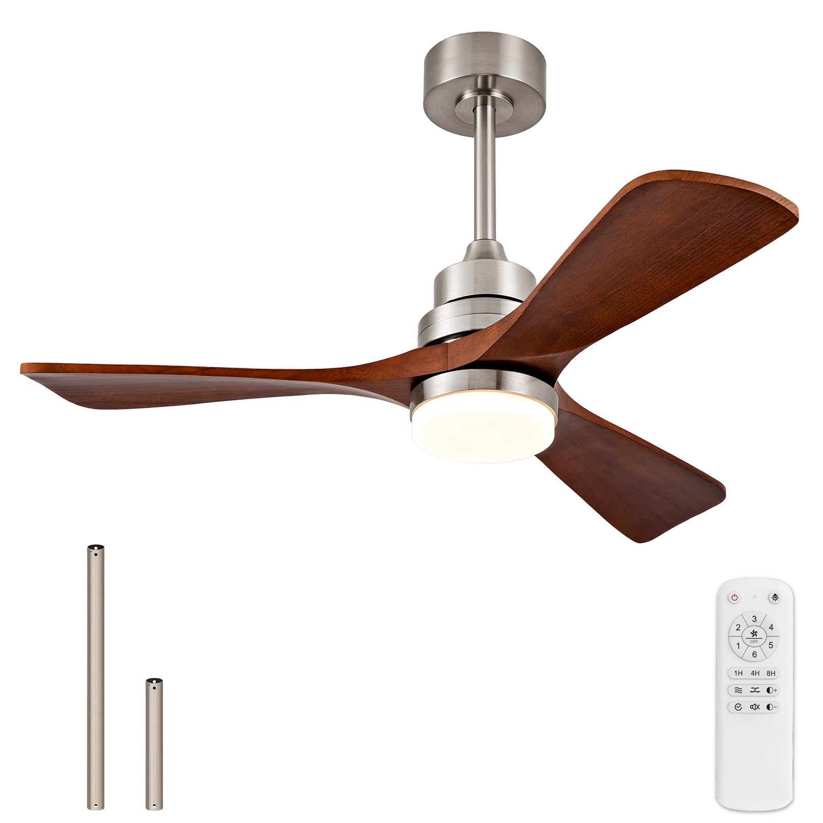 Plafon ventilator lemn 42 inch cu lumina, telecomanda și 3 lame, finisaj nichel, cu control de la distanță