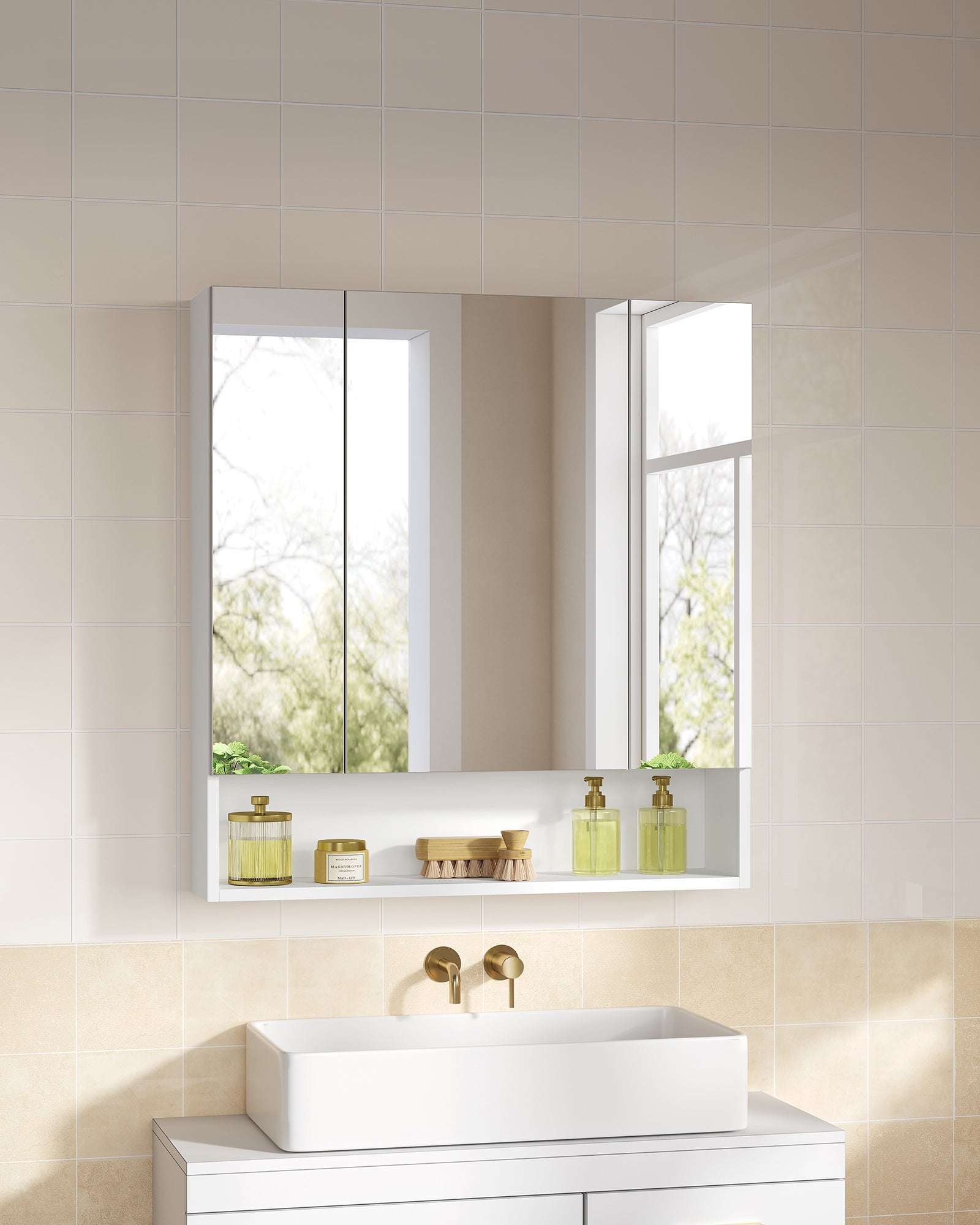 Armoire de Salle de Bain avec Portes Miroir, Armoire Murale à Miroir, Compartiment Ouvert, Étagères Réglables, 16,5 x 70 x 75 cm, Blanc Nuage - 3