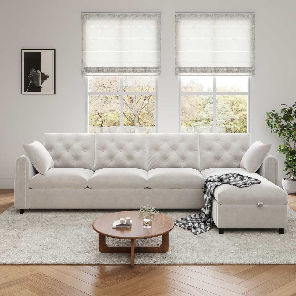 Nowoczesna sofa narożna z aksamitu ze schowkiem, kieszeniami bocznymi, pikowanym oparciem i funkcją spania – 281×86×71 cm