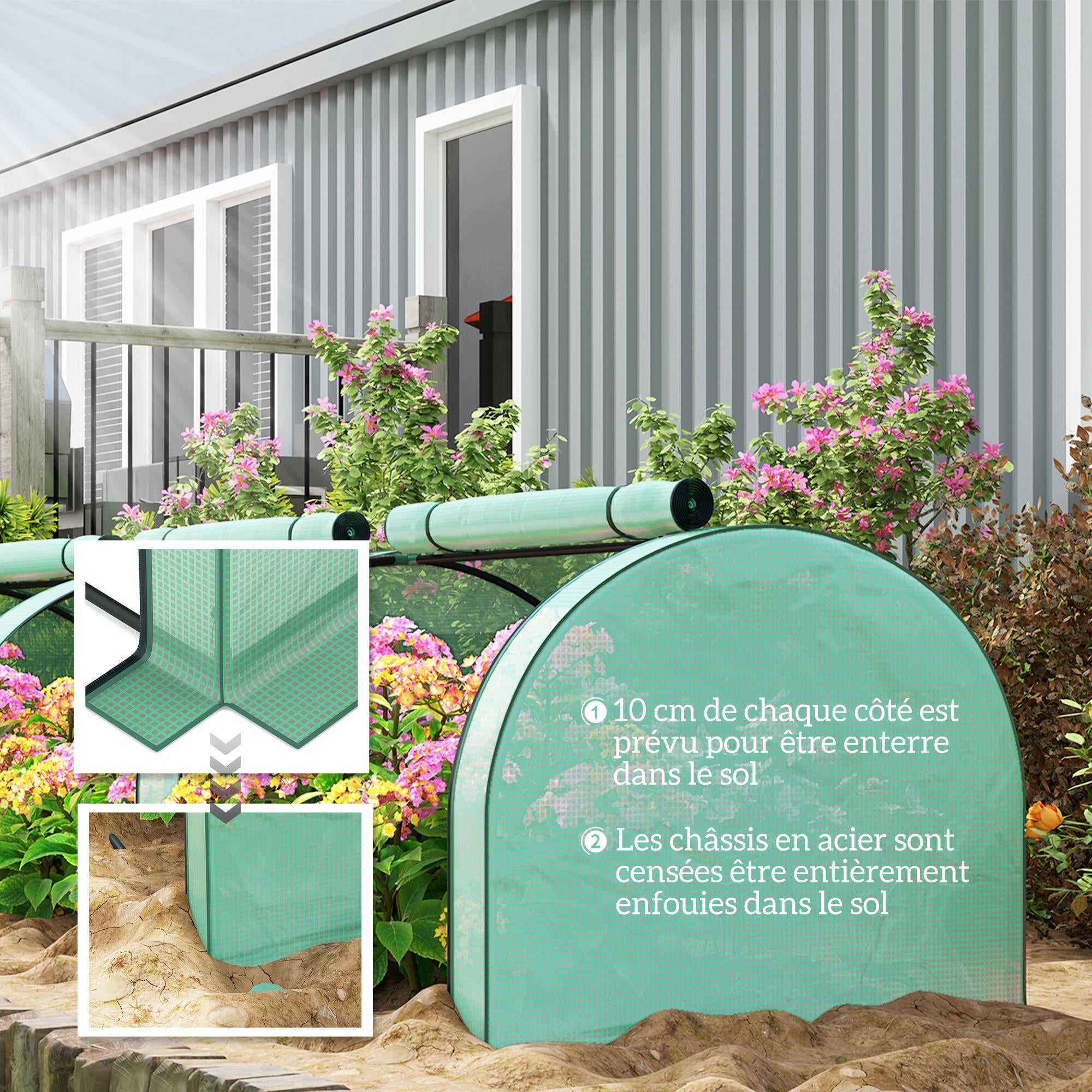 Mini Serre de Jardin tunnel - Outsunny - 3,5 x 1 x 0,8 m - Acier PE Haute densité 140 g/m² - 3 portes nroulables - vert - 5