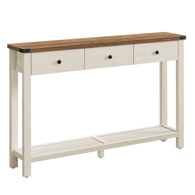 Table Console, Table d'Entrée avec 3 Tiroirs et Étagère de Rangement, pour Entrée, Salon, Style Campagnard, Marron Miel et Blanc Rustique