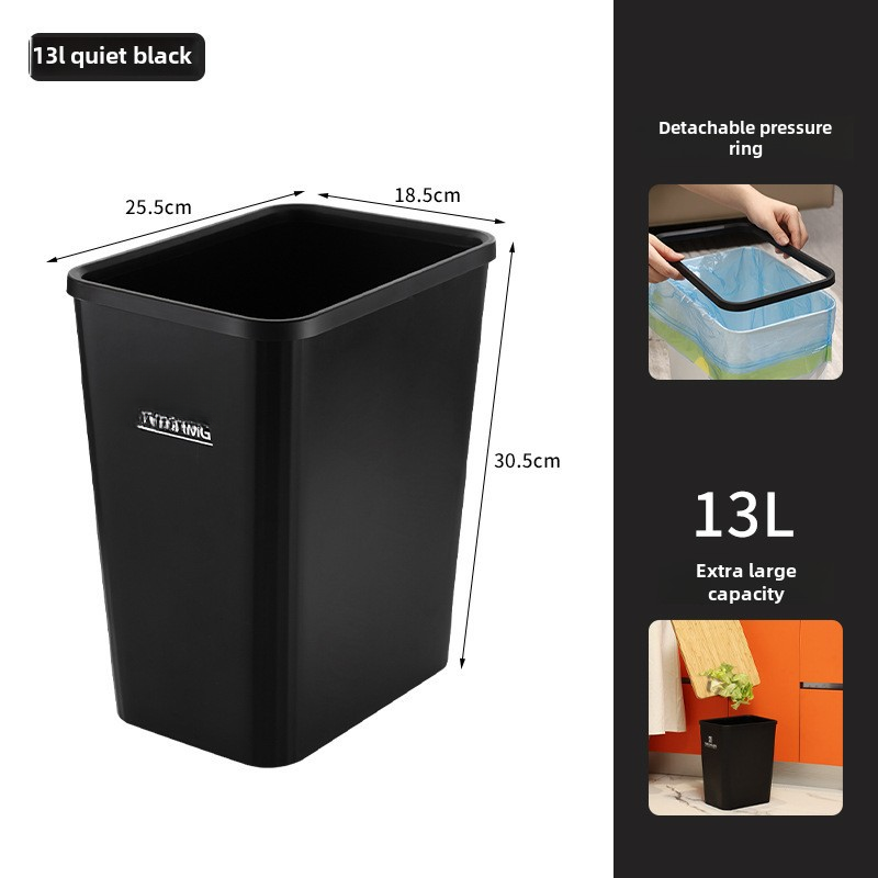 Cubo de basura de plástico silencioso de gran capacidad con tapa negra.