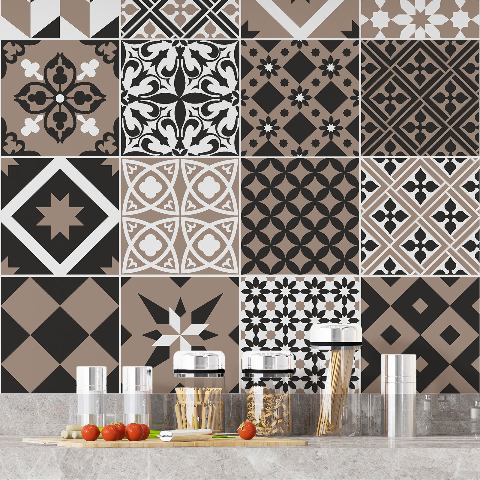 Crédence adhésive sticker décoratif pour cuisine - Effet carreaux de ciment - Adhésif MAT - 60x60 cm - 4