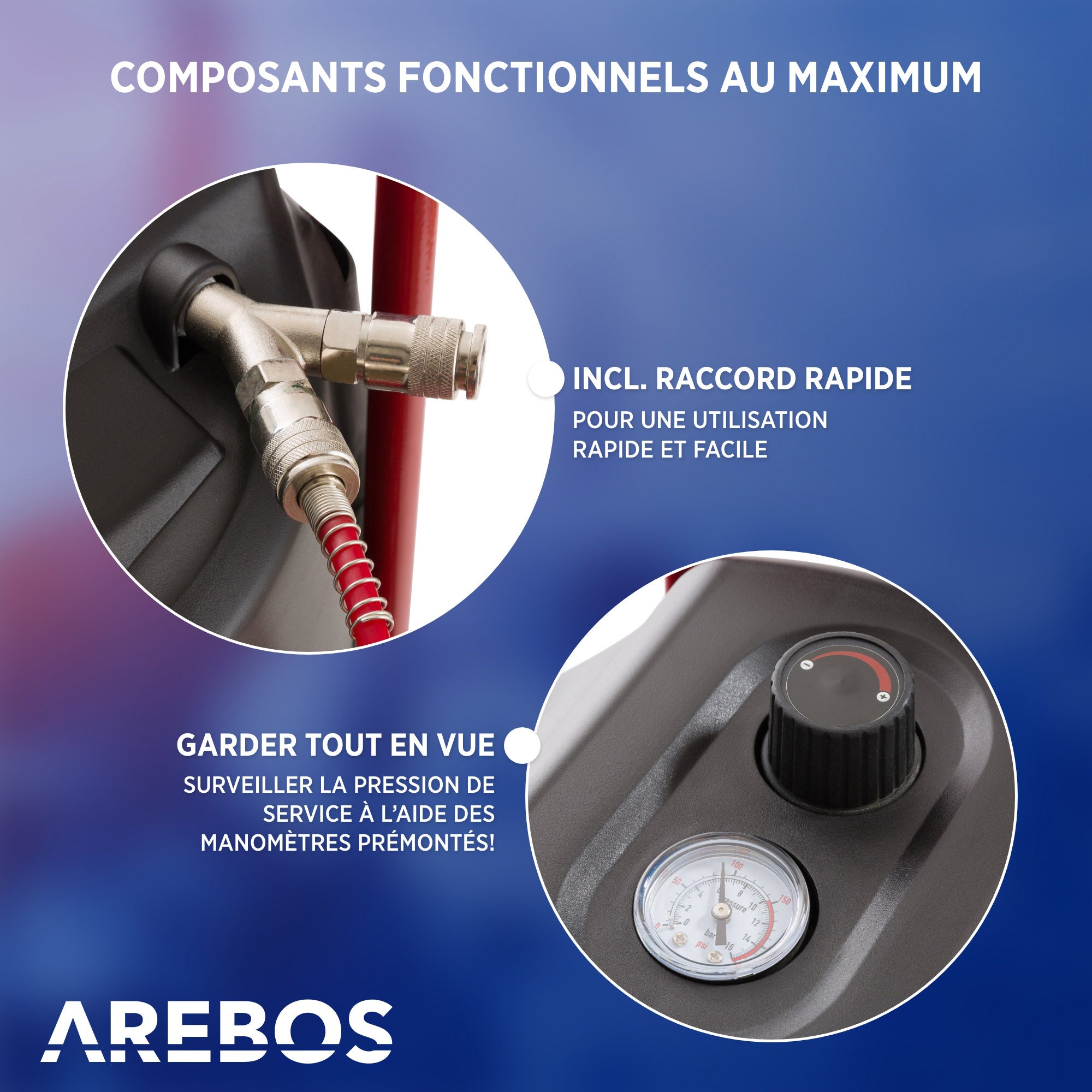 AREBOS Compresseur d'air avec kit d'accessoires 13 pièces mobil Sans huile Arrêt automatique Capacité : 50 litres - 3