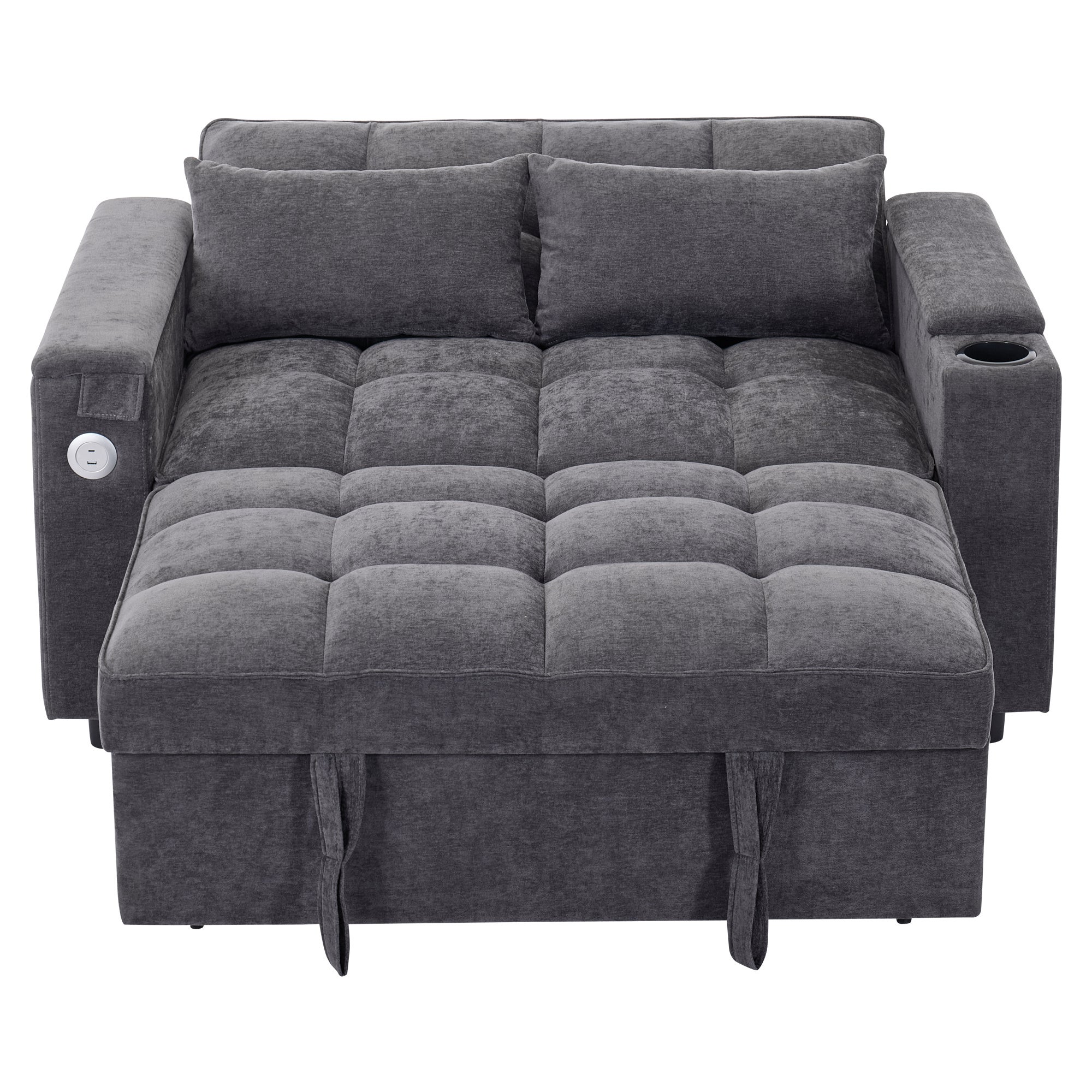 Canapé convertible 2 personnes 140.5x74x82 cm - Dossier réglable - Port USB - Porte-gobelet - Petite table d'appoint - Gris - 5