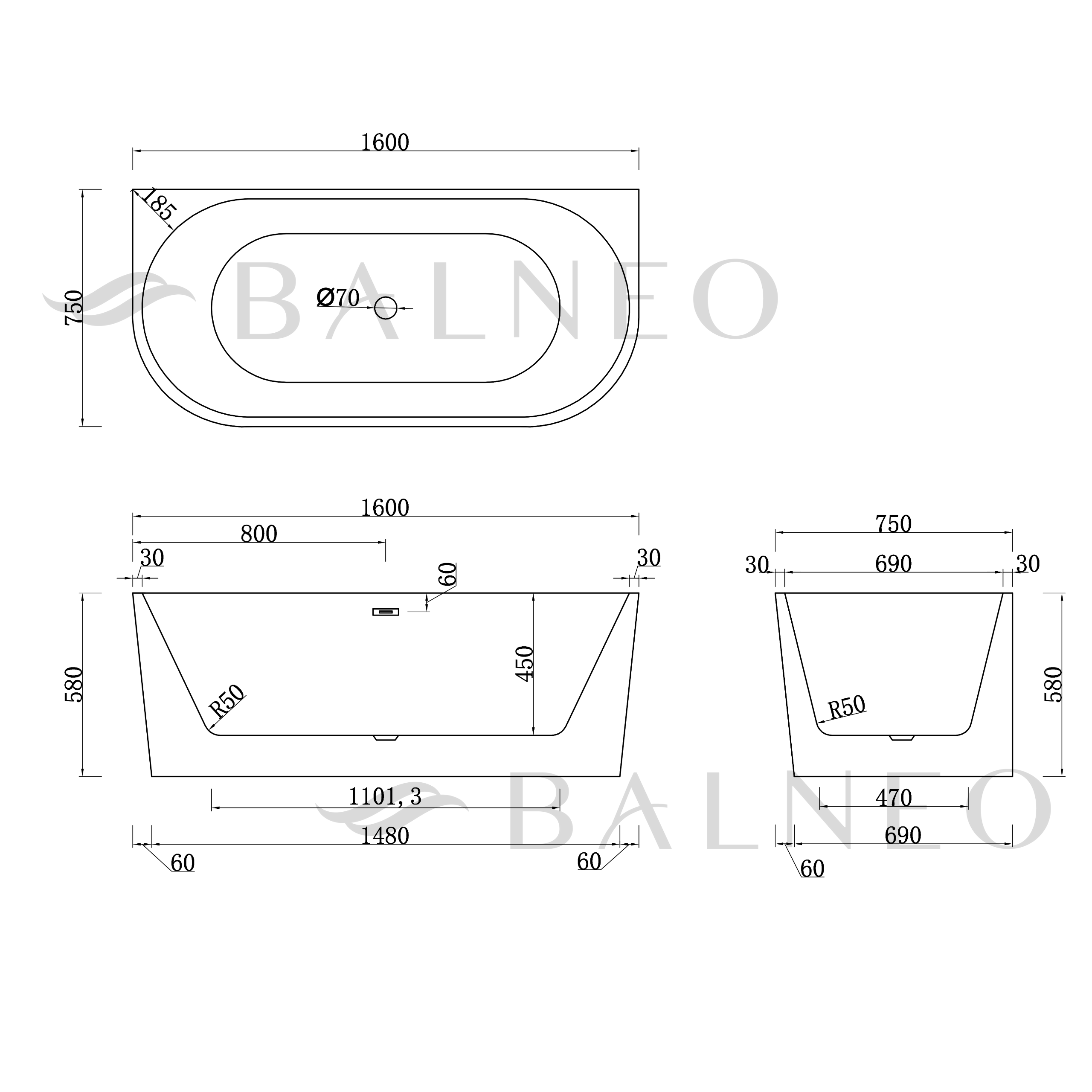 Balneo Baignoire cuivree semi-îlot Murale 160x75cm, accessoires cuivre, Acrylique thermoformé 3.5mm, avec pieds réglables, VIVA - 9
