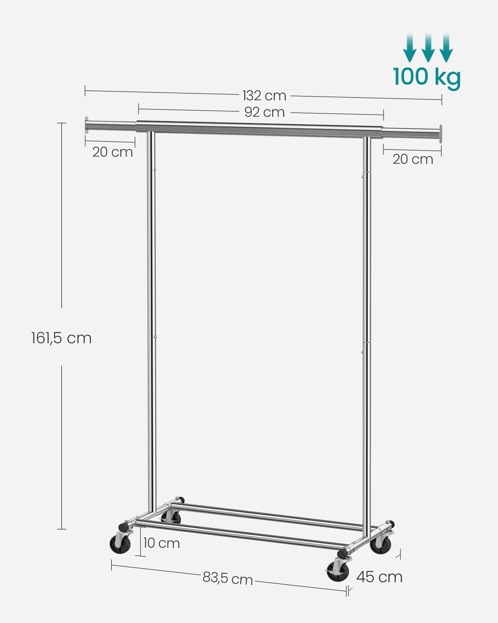 Portant à Vêtements avec Roulettes, Tringle Extensible pour Charge Lourde, Porte-manteau, Rangement Vêtement, Capacité de Charge 100 kg,Argent - 5