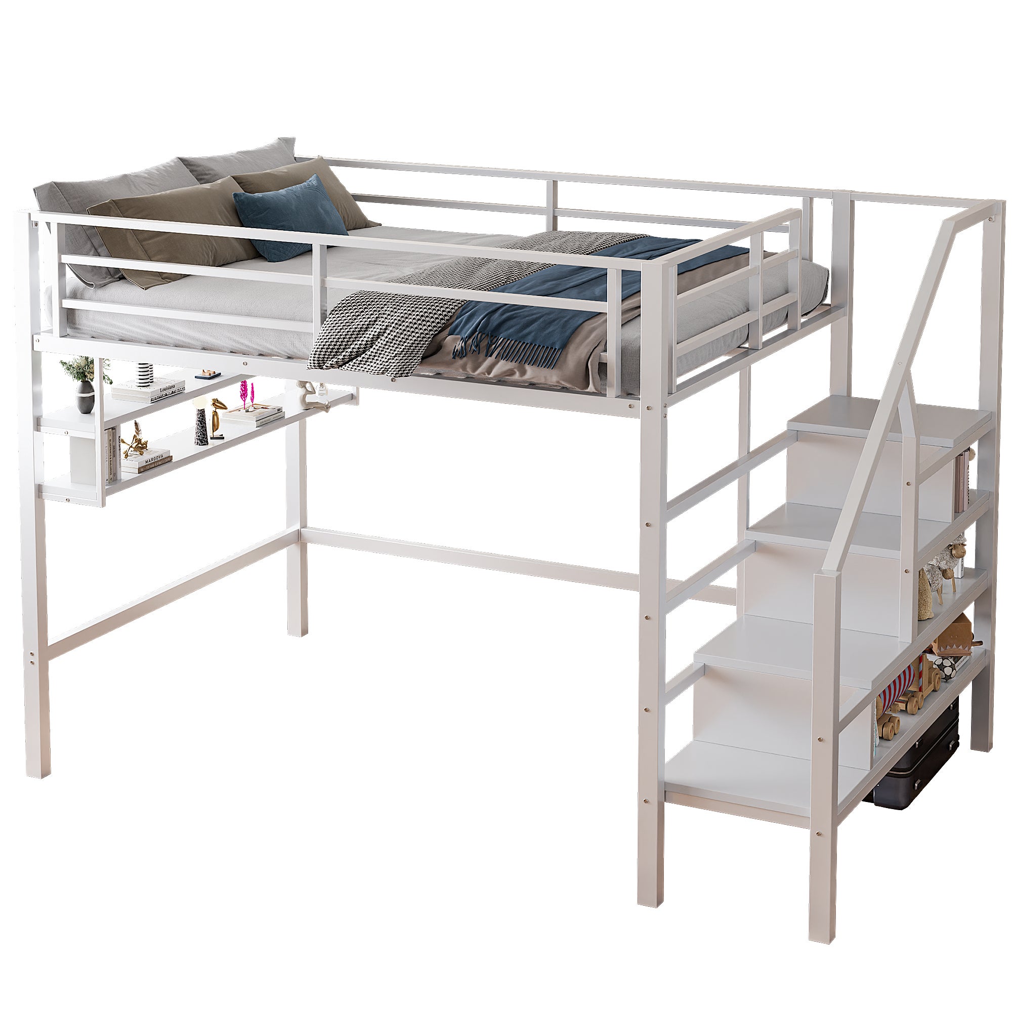 Lit mezzanine 140 x 200 cm avec étagères de rangement et échelle - Métal - Blanc (sans matelas) - 6