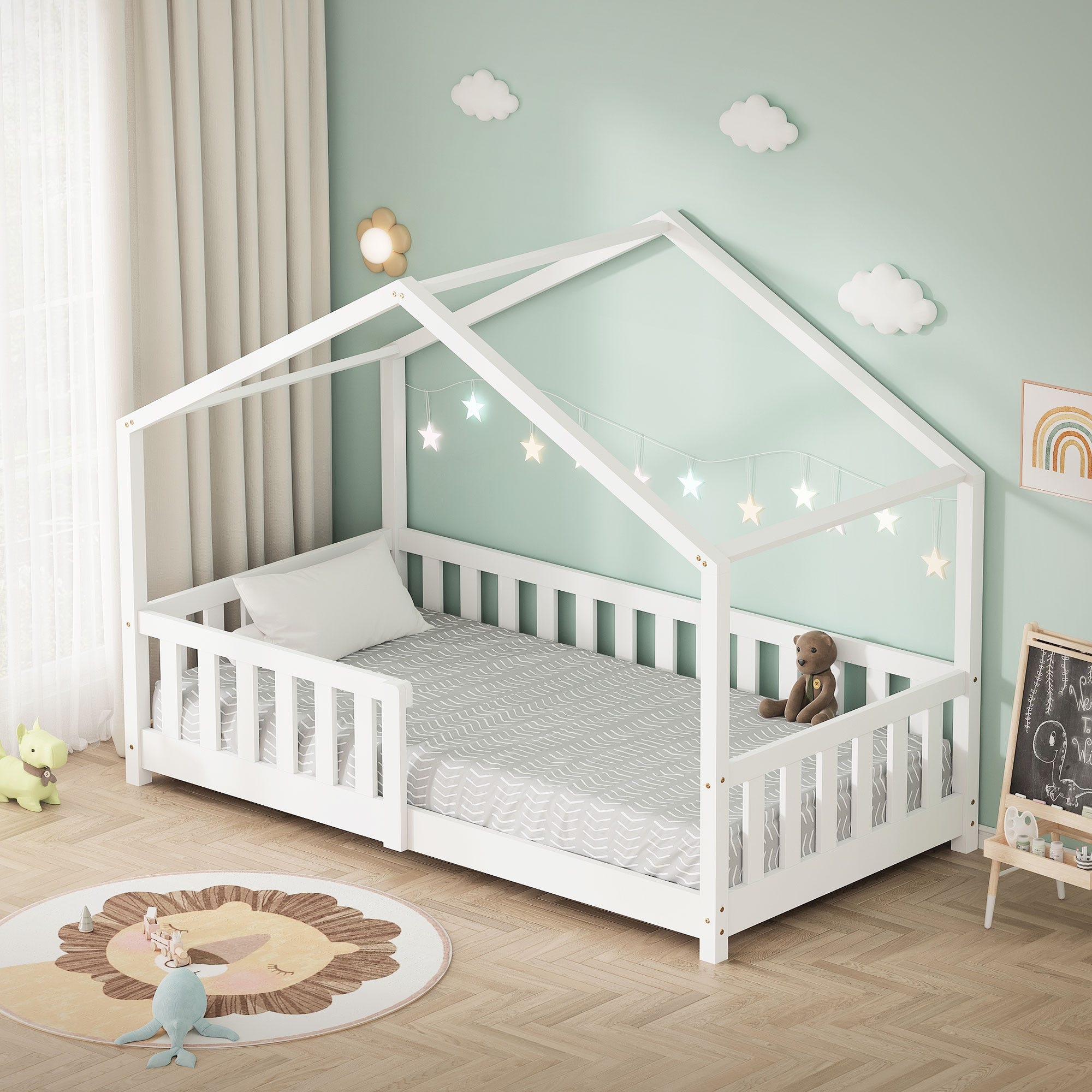 Letto Basso Montessori Per Bambini 80x160 Cm - In Legno Di Pino, Con Materasso E Sponda Anticaduta, Bianco