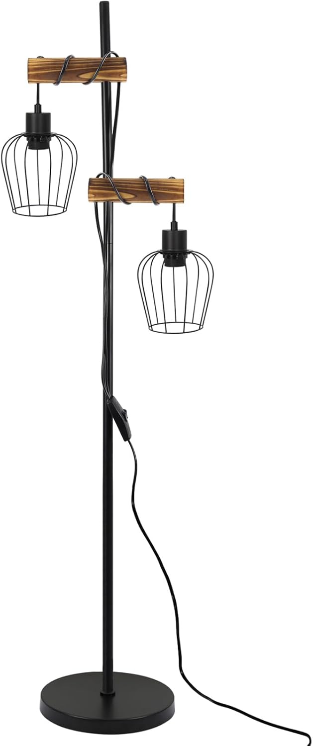 Nettlife Lampadaire en bois pour salon, noir - Lampadaire en métal au design industriel vintage avec 2 lumières, douille E27, (ampoules non incluses) - 9